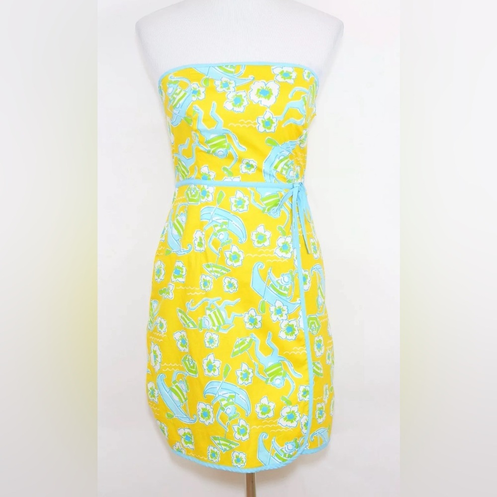 LILLY PULITZER NWT Women's 10 Yellow blue strapless dress wrap Les Monkeys